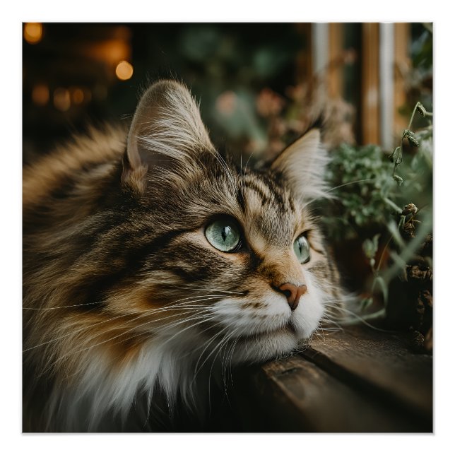 Póster Prateleira de Madeira para Gato Malhado (Frente)