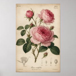 POSTER PRATO BOTÂNICO ANTIGO ROSAS ROSADAS