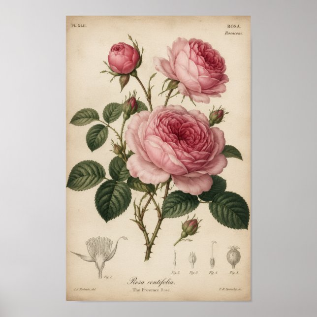 POSTER PRATO BOTÂNICO ANTIGO ROSAS ROSADAS (Frente)