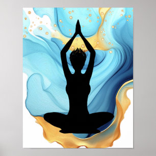 Poster Prayer Pose Yoga mulher Azul Dourado cabelo ruivo