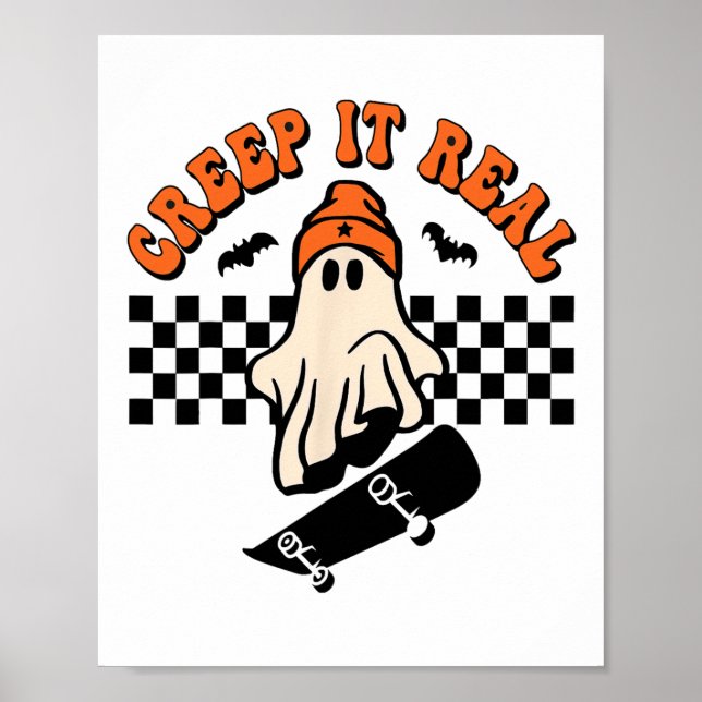 Poster Prega-te no Skateboard Retro Halloween Ghost (Frente)