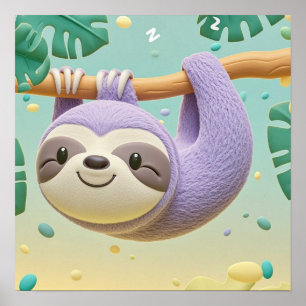 Poster Preguiça de desenho animado pendurada em um galho 