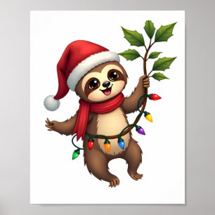 Poster Preguiça de Luzes de Natal Vestindo Chapéu de Nata