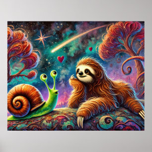 Poster Preguiça e Caracol Caprichosos Sob o Céu Cósmico E