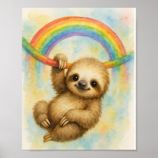 Poster Preguiça em Aquarela Suspensa no Arco-íris Fofo