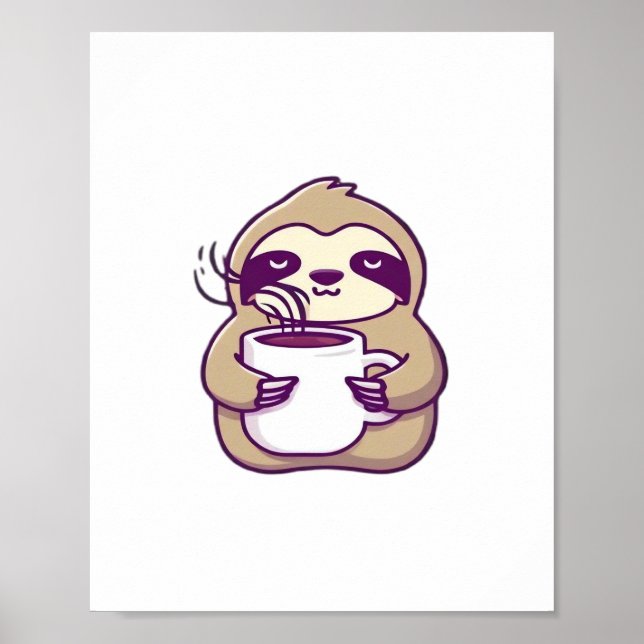 Poster Preguiça Kawaii Chibi com Caneca de Café � Arte de (Frente)
