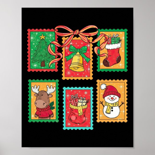 Poster Preppy Christmas Stamps Coquette Bow Reindeer Xmas (Frente)