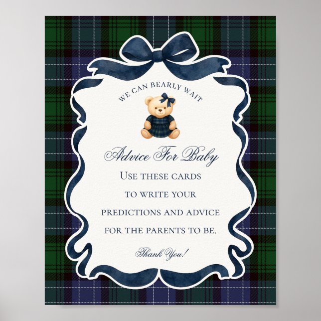 Poster Preppy Coquette Bow Bear Shower Advice for Baby (Frente)