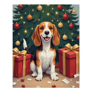 Póster Presente da Manhã de Natal Beagle - Pintura de Des