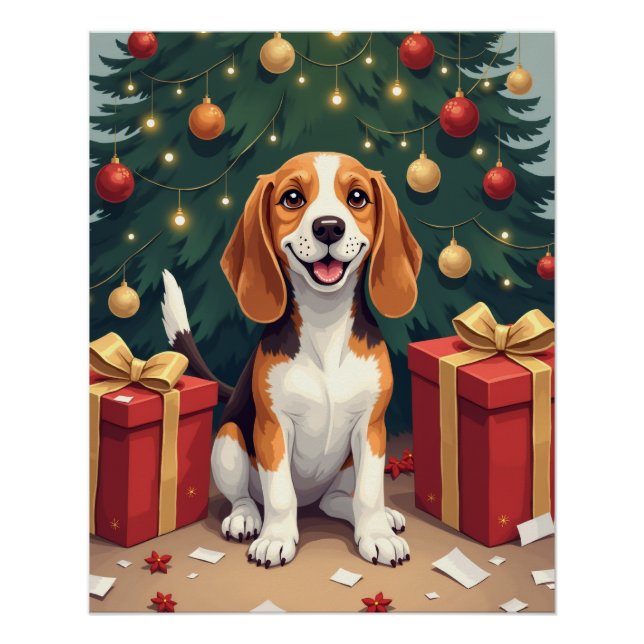 Póster Presente da Manhã de Natal Beagle - Pintura de Des (Frente)