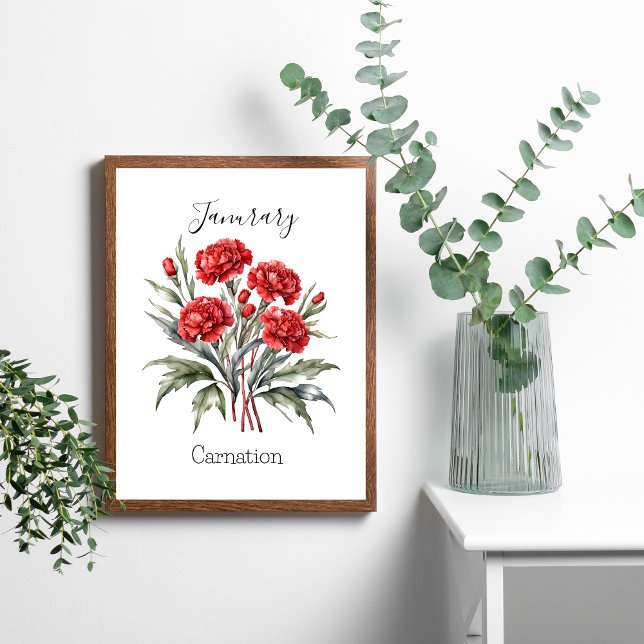 Poster Presente de Aniversário Cravo Flor do Mês de Nasci (January Red Carnation Birth Month Flower Poster Print Wall Art. Personalize it)