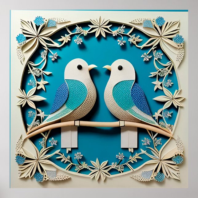 Poster 🌸 Presente de Arte Floral de Duas Aves 🎁 (Frente)
