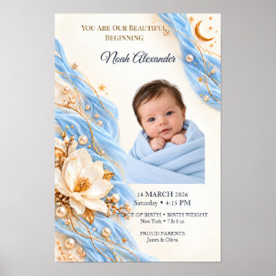 Poster Presente de Nascimento de Bebê Foto Lua Azul Doura