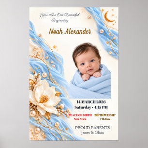 Poster Presente de Nascimento de Bebê Lua Azul Dourada Fo