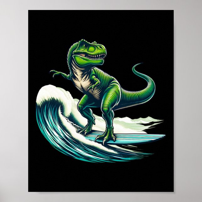 Poster Presente de T-rex Dinossauro Surfando para M (Frente)