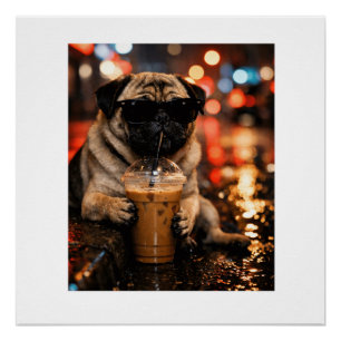 Póster Presente Engraçado para Amante de Pug Bebendo Café