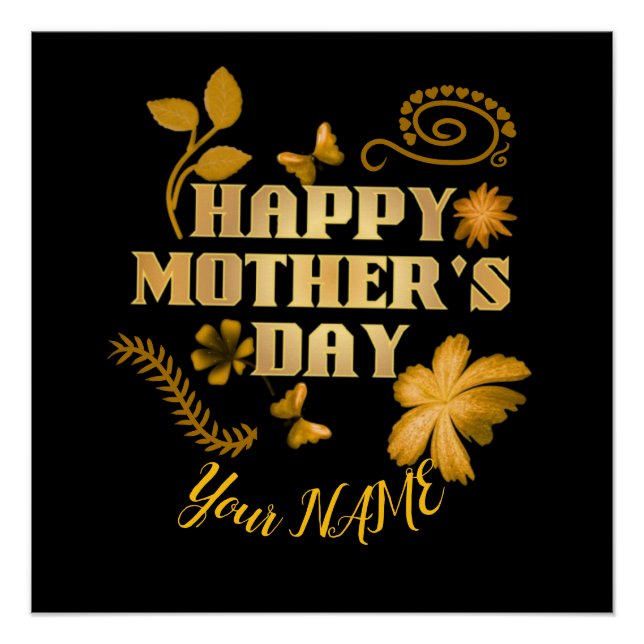 Póster Presente Floral Dourado Personalizado Feliz Dia da (Frente)