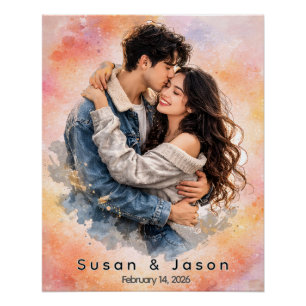 Póster Presente Personalizado de Foto de Casal com Aquare