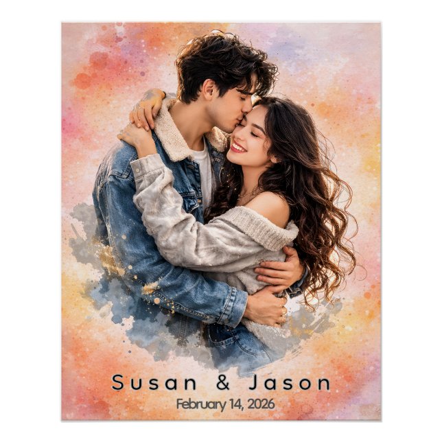 Póster Presente Personalizado de Foto de Casal com Aquare (Frente)