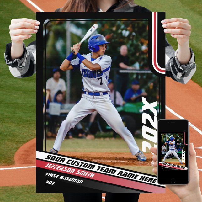 Poster Presente personalizado do jogador de beisebol em v (Baseball Player Poster in Black with Custom Team Name and White Red Stripes)