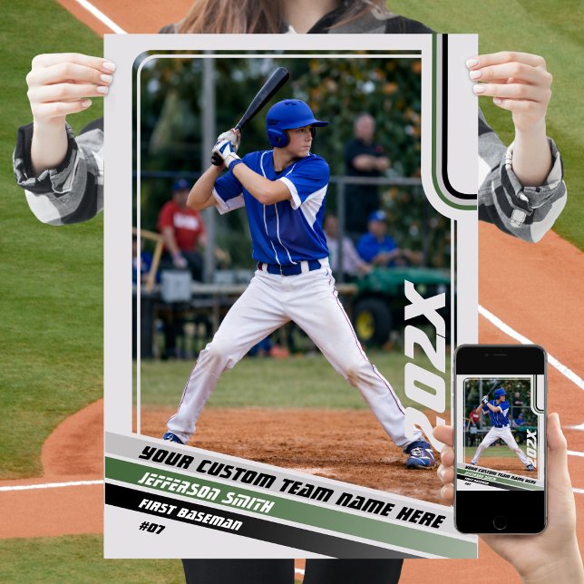 Poster Presente Personalizado para Jogador de Beisebol em (Baseball Player Poster in Light Grey with Custom Team Name and Grey Green Stripes)