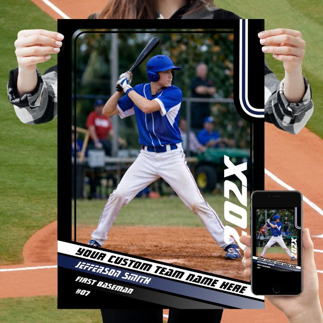 Poster Presente Personalizado para Jogador de Beisebol em (Baseball Player Poster in Black with Custom Team Name and White Blue Stripes)
