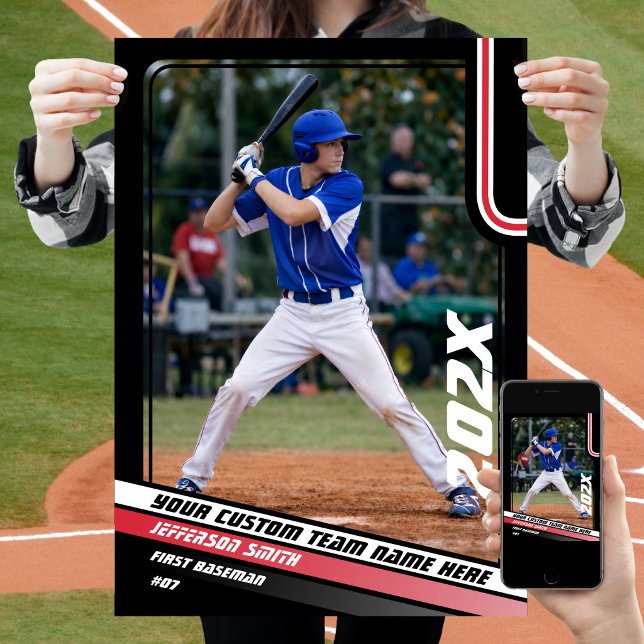 Poster Presente Personalizado para Jogador de Beisebol em (Baseball Player Poster in Black with Custom Team Name and White Red Stripes)