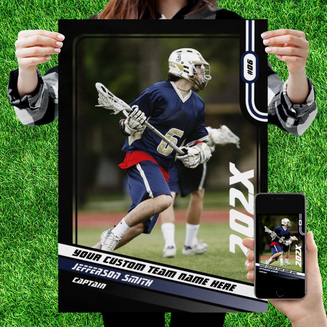 Poster Presente Personalizado para Jogador de Lacrosse em (Lacrosse Player Poster in Black with Custom Team Name and Blue White Elements)