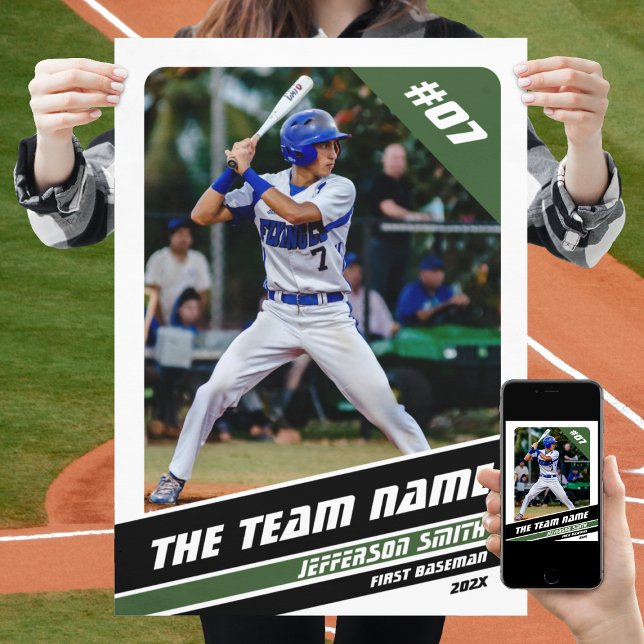 Poster Presente personalizável do jogador de beisebol em  (Baseball Player Poster in White with Custom Team Name and Black Green Stripes)