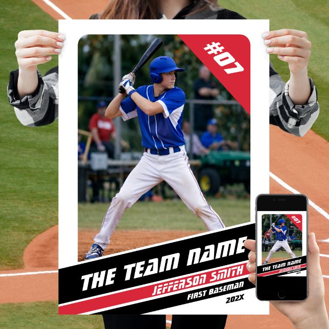 Poster Presente Personalizável para Jogador de Beisebol e (Baseball Player Poster in White with Custom Team Name and Black Red Stripes)