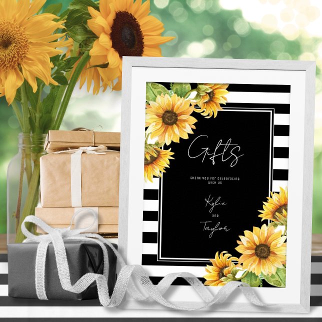 Poster Presentes de casamento com listras pretas e girass (Criador carregado)