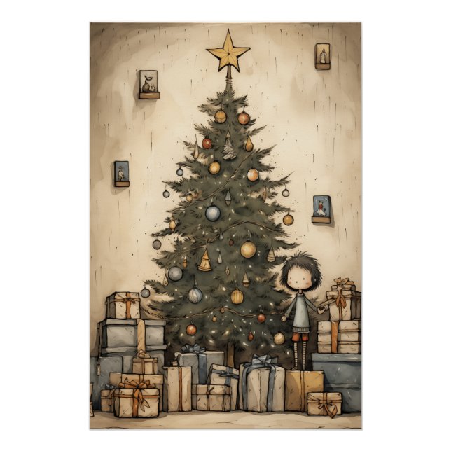 Póster Presentes De Natal Sob A Ilustração De Árvore (Frente)