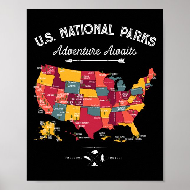 Poster Presentes do Mapa dos 62 Parques Nacionais Us Park (Frente)