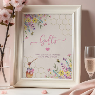 Poster Presentes para Chá de Bebê Floral Rosa Abelhinha