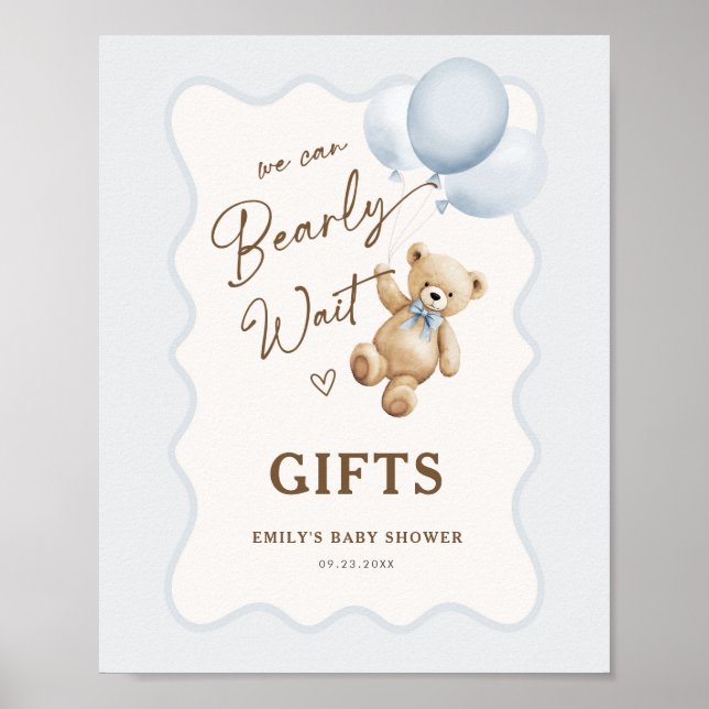 Poster Presentes para Chá de Bebê Menino Urso de Pelúcia (Frente)