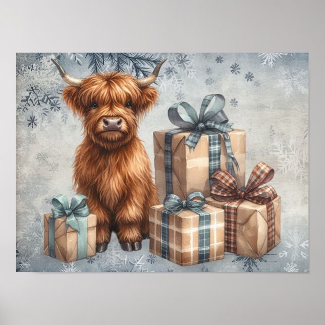 Poster Presentes Vaca Highland Inverno Azul (Frente)
