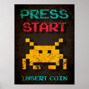 Poster Pressione Iniciar Inserir Moeda Pixel Arcade