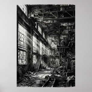 Poster Preto Branco Abandonado Fábrica Industrial Urbana