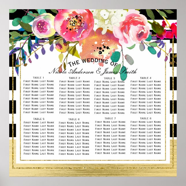 Póster Preto Branco Dourado Moderno Floral Mapa de Assent (Frente)