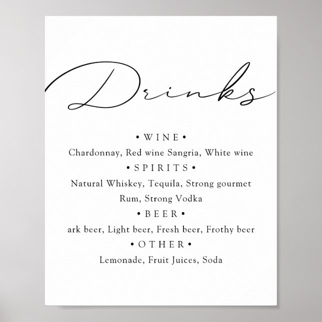 Poster Preto branco. Estilo caligrafia menu de casamento  (Frente)