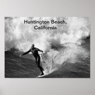 Póster preto branco, Huntington Beach do surfista 5x7,