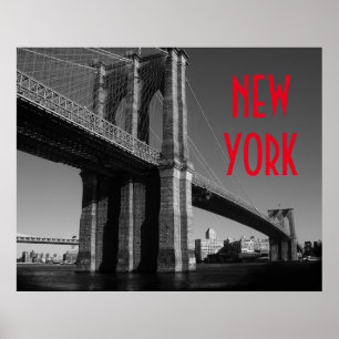 Póster Preto Branco Vermelho Ponte de Brooklyn Cidade de