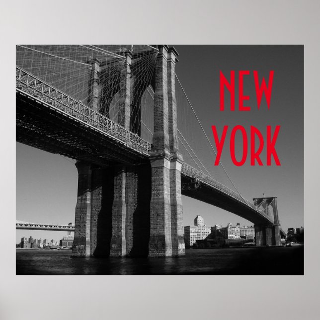 Póster Preto Branco Vermelho Ponte de Brooklyn Cidade de  (Frente)