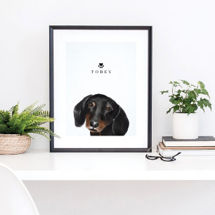 Poster Preto Dachshund Watercolor Ilustração Cão Nome