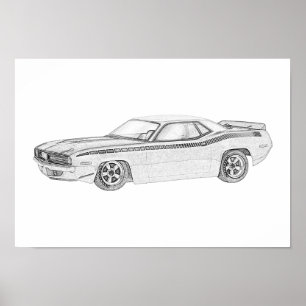 Poster Preto e Branco 1970 Plymouth Barracuda Drawing