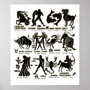 Poster preto e branco do zodíaco com meses