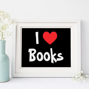 Póster Preto e Branco Eu Amo Livros Coração Vermelho