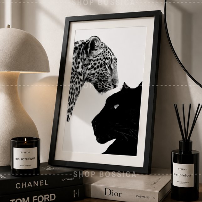 Poster Preto e Branco Leopardo e Pantera Preta (Black & White Leopard & Black Panther Framed Poster | Modern Wildlife Wall Art | Safari Animal)