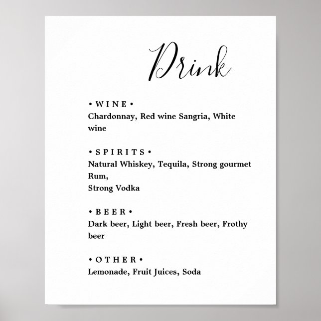 Poster Preto e branco. Menu de bar de casamento minimalis (Frente)