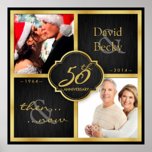 Póster Preto elegante & ouro então e agora 50th